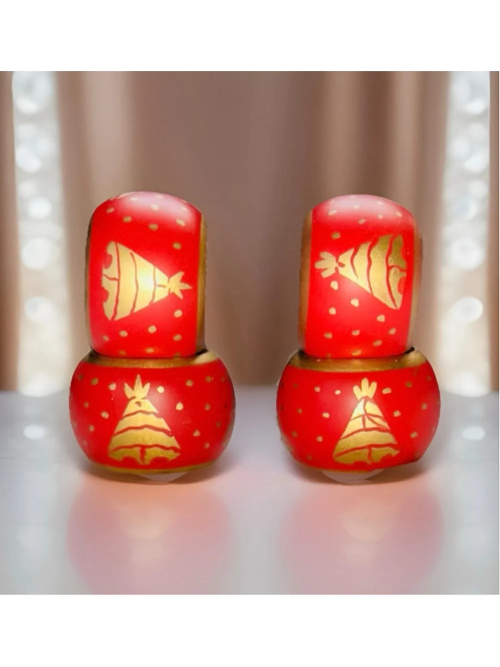 Vintage Wood Christmas Napkin Rings Red & Gold Holiday Trees Hand Painted